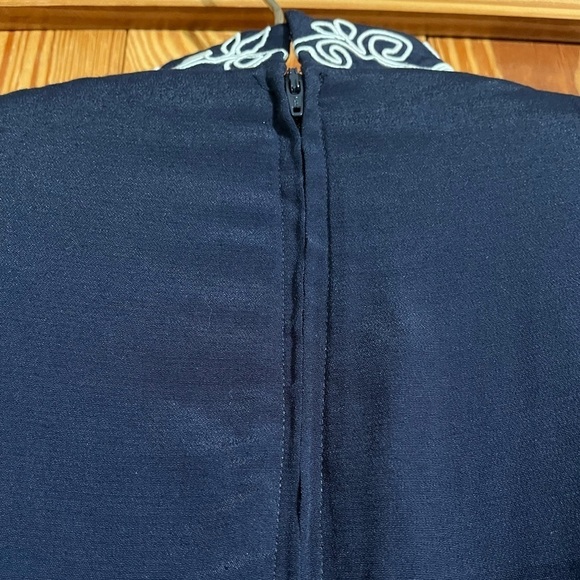 VTG Karin Stevens Navy Blue Mandarin Collar Jacket Dress w/ White Soutache Trim - Picture 12 of 16